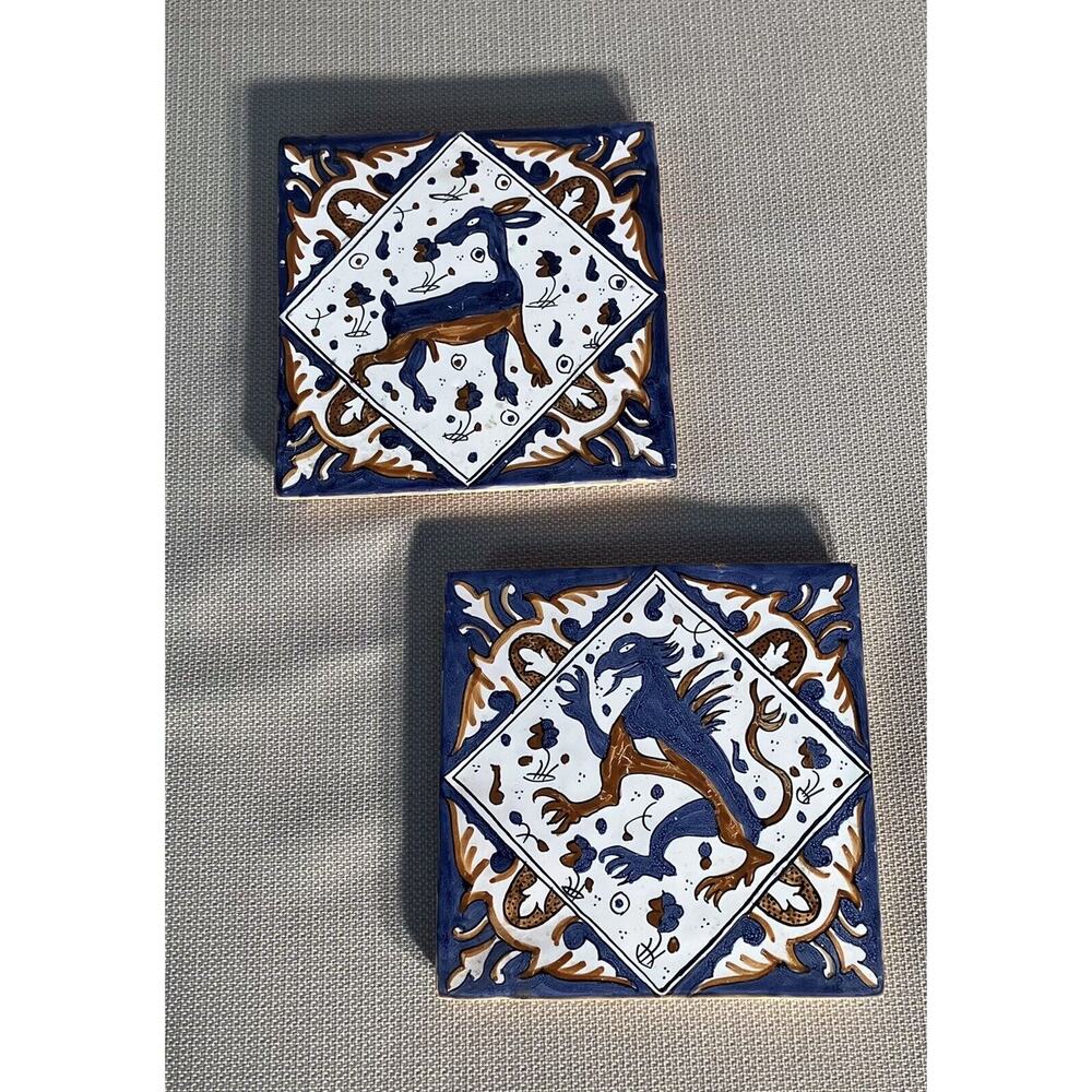 Conimbriga Portugal Handpainted Animal Deer Trivet Blue Brown 5”x5”‎
